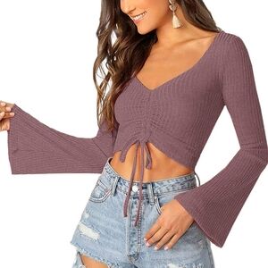 Women's Mauve Bell Sleeve Crop Top